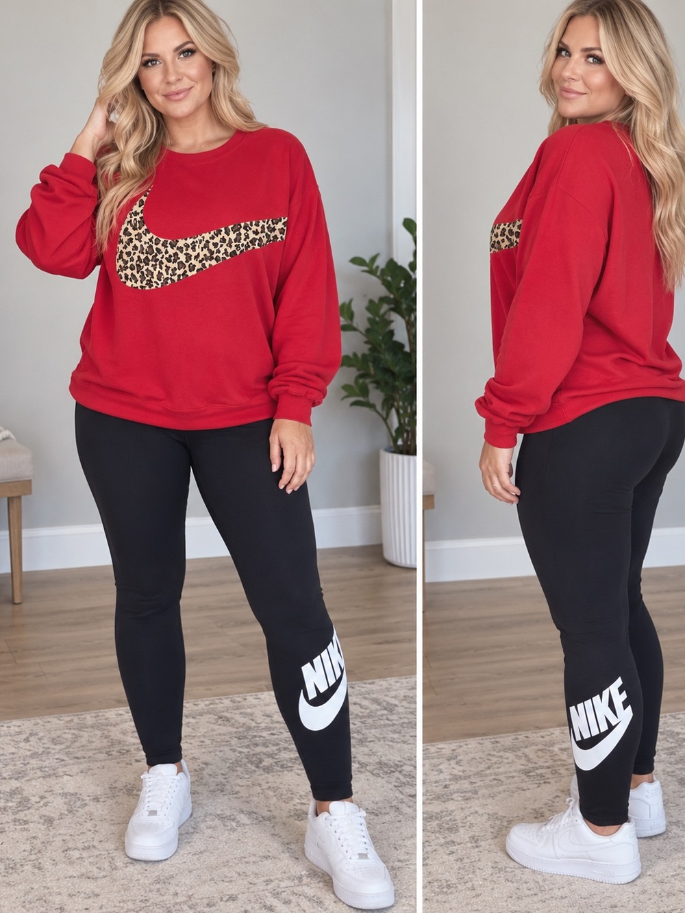 Nike Red Leopard Swoosh Sweatshirt with Black Logo Leggings